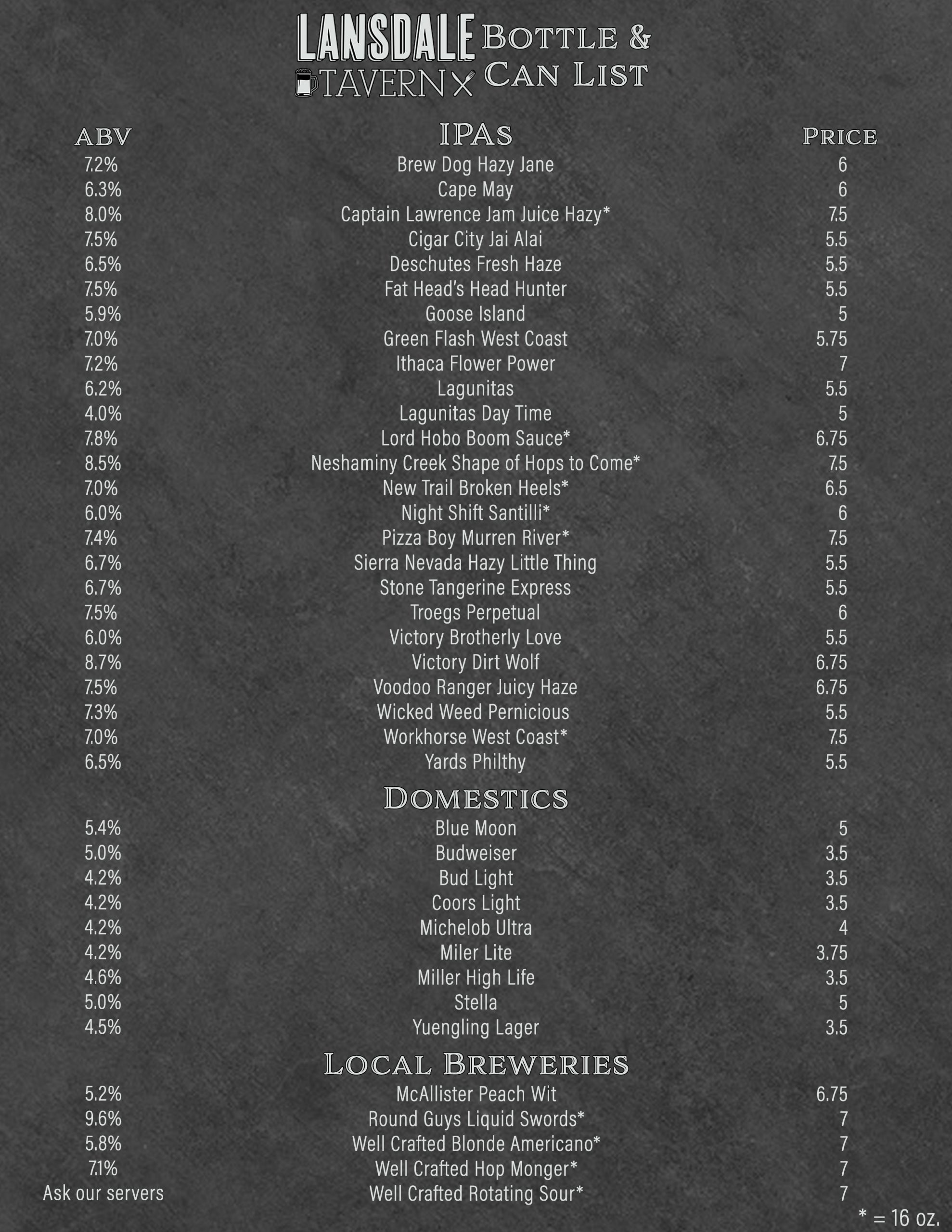 lansdale tavern beer list 2023 (front)