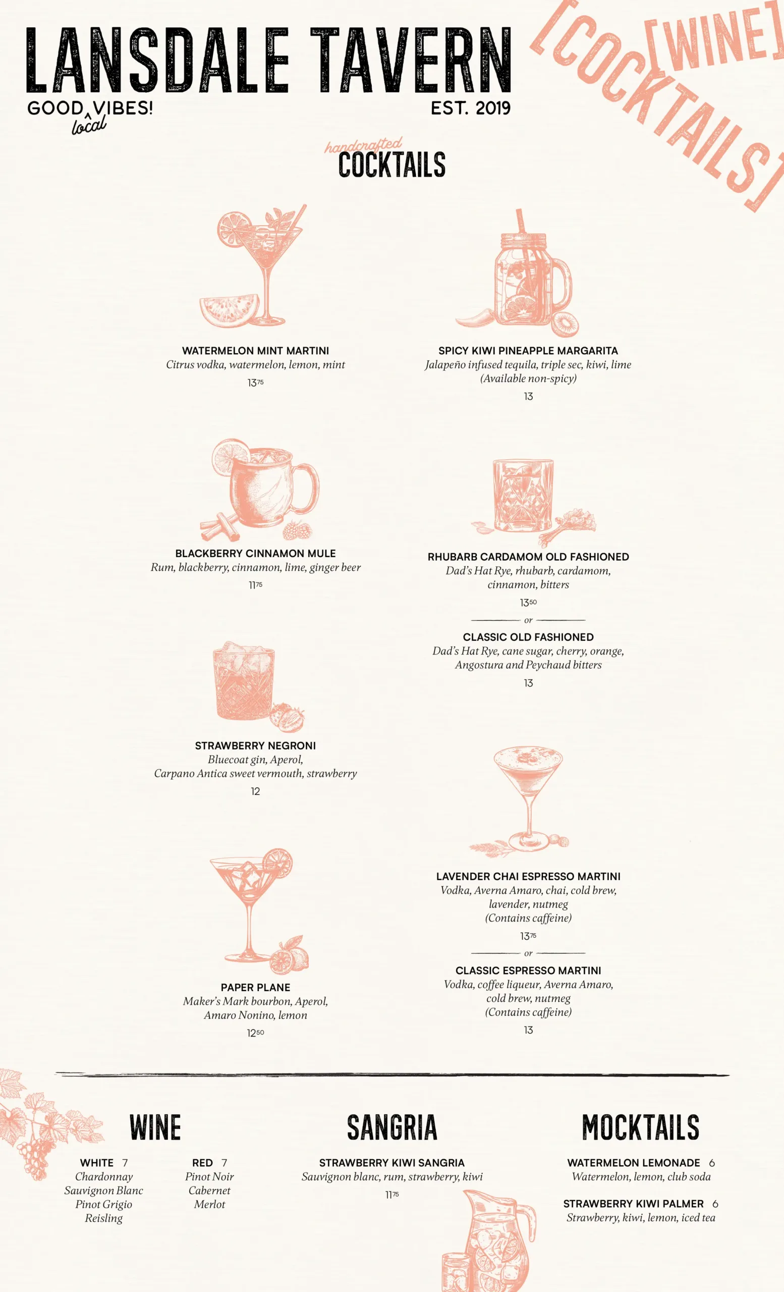 Lansdale Tavern's seasonal cocktail menu for winter 2024-2025.